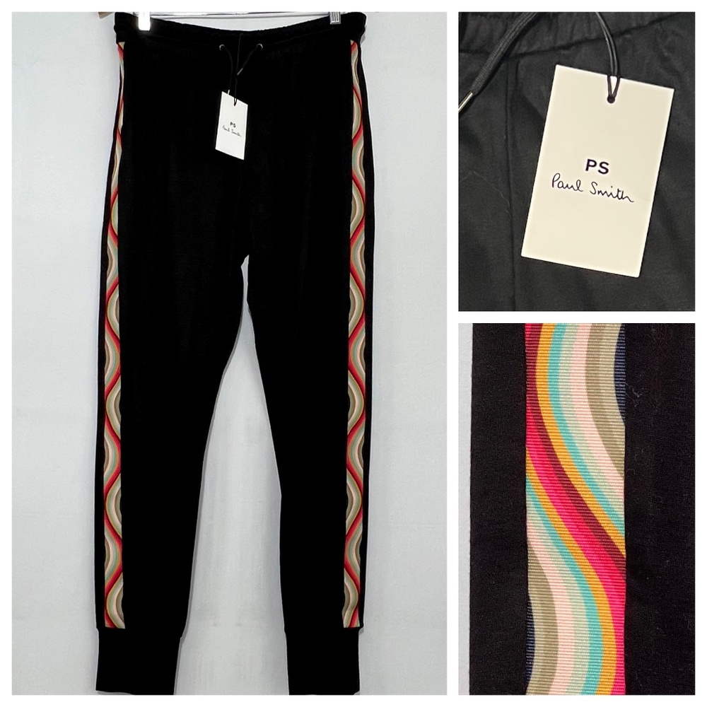NWT Paul Smith Joggers Track Pants in Black with Swirl Stripe Women's Size XL